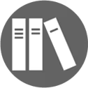 Gray circular icon featuring three white book spines