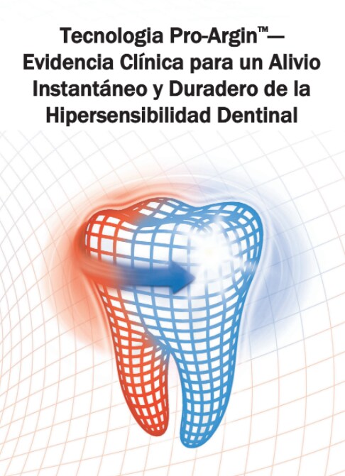 Tecnología Pro-Argin para alivio de hipersensibilidad dental. Ilustración de diente protegido con malla azul frente a estímulos de sensibilidad.